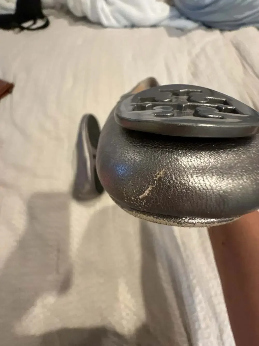 Tory Burch Reva Metallic Silver Leather Ballet Flats